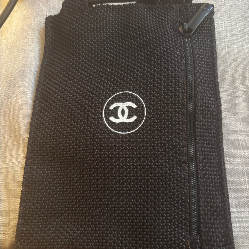 CHANEL Black Drawstring Pouch with White Logo - mobile phone and pouch